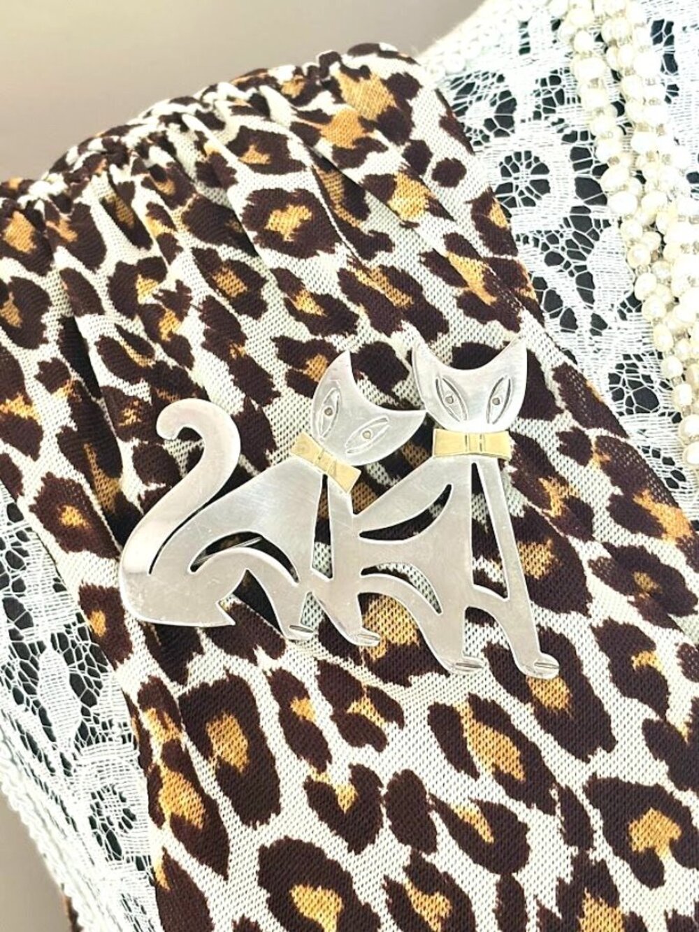 Vintage Taxco Two Trees Sterling Silver Cat Brooch Mexico Juan Sandoval Vázquez - Picture 5 of 8